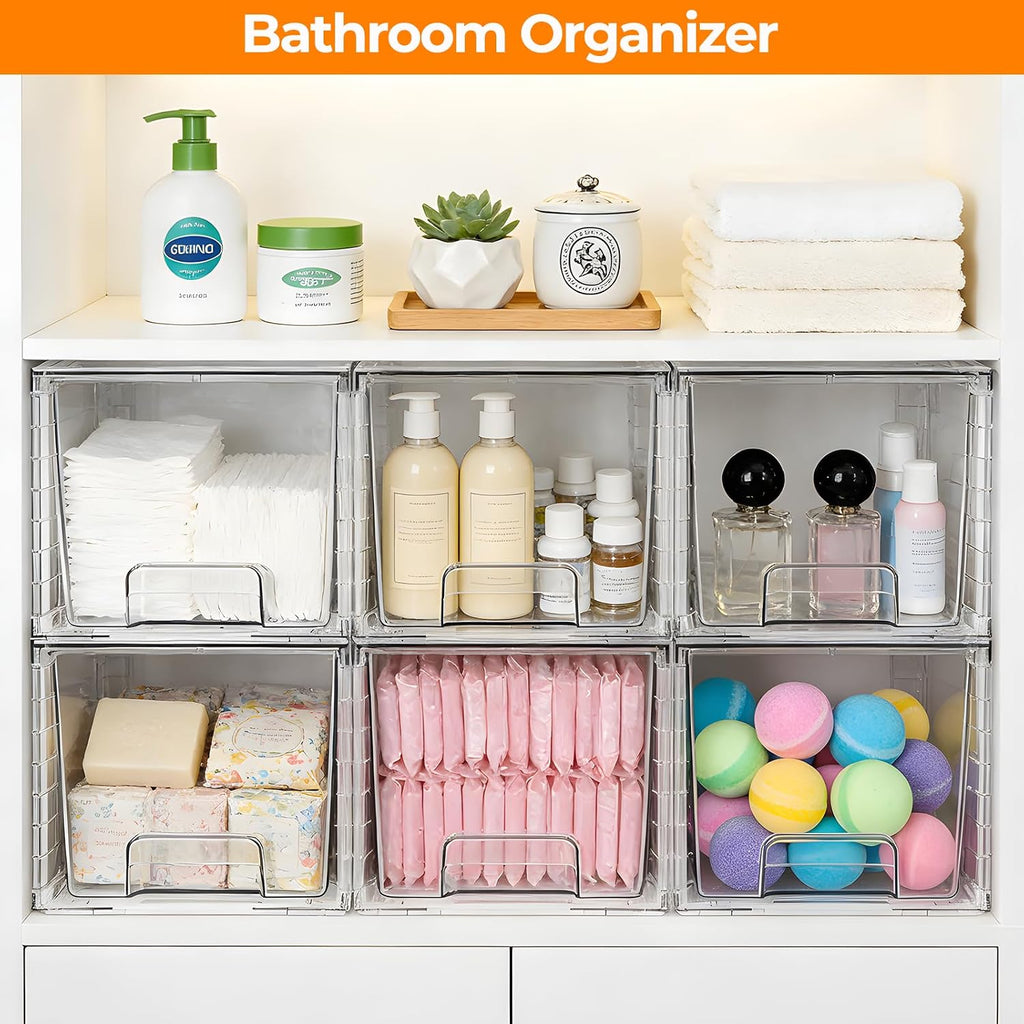 4 Pack Stackable Acrylic Storage Drawers – Clear Plastic Organizer Bins, Easy to Assemble, Suitable for Bathroom, Undersink, Kitchen, Pantry, Makeup, Medicine Organization