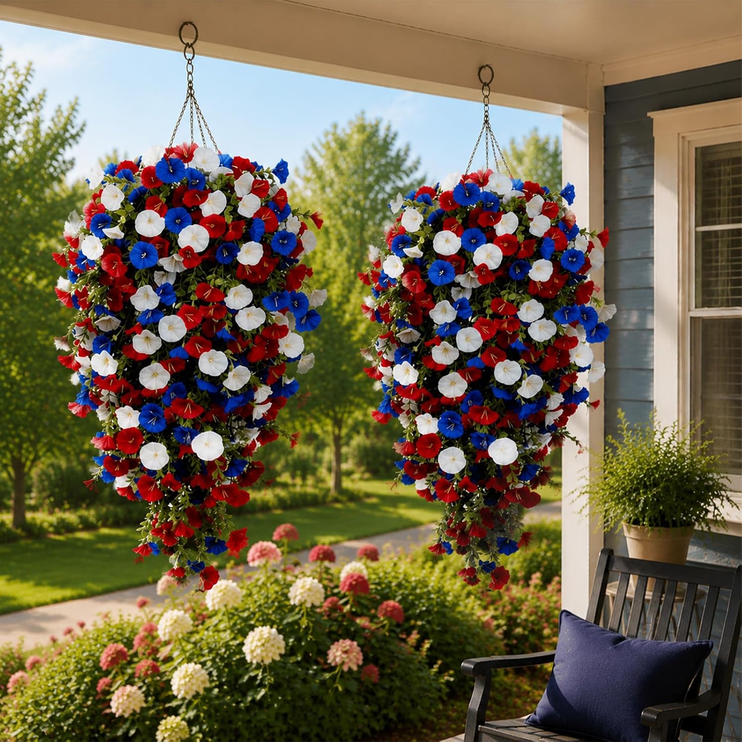 Patriotic Hanging Flower Baskets, Anniversary Porch Decor, red White and Blue Hanging Flowers, Artificial Hanging Plants red White and Blue (Without Light*2)