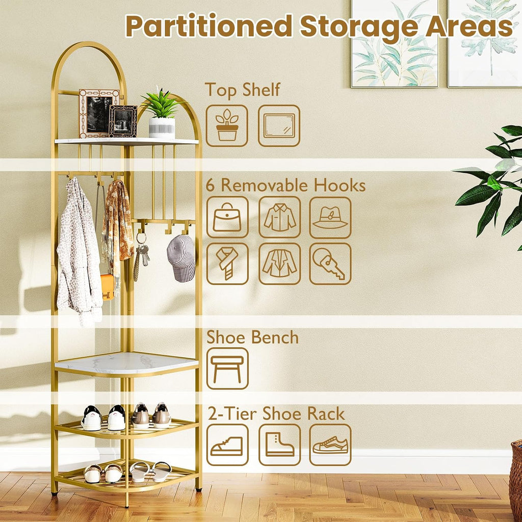Tangkula Corner Hall Tree, 71 Inch Tall Entryway Coat Rack with Shoe Bench & 4 Storage Shelves, 6 Movable Hooks, Freestanding Metal Corner Clothes Rack for Bedroom Hallway Living Room