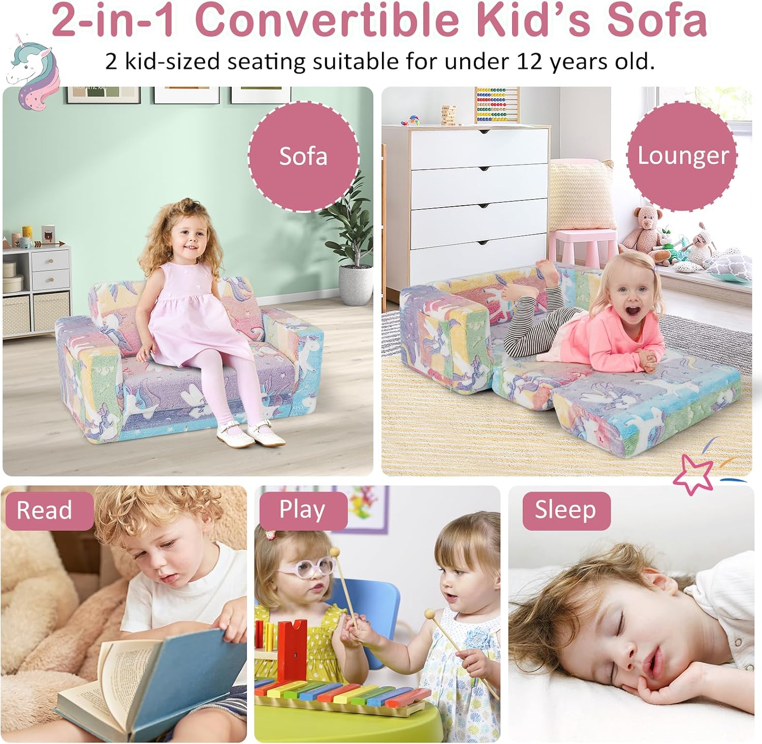 HONEY JOY Toddler Couch, 2-in-1 Convertible Sofa to Lounger, Glow in The Dark, Extra Soft Flip Open Fold Out Chair & Sleeper, Kids Playroom Furniture, Foam Sofa for Boys & Girls, Pink