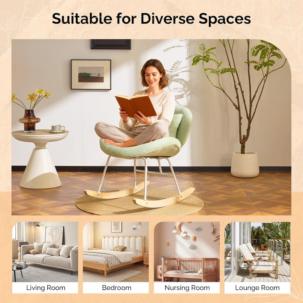 VINGLI 25.6" Extra Wide Criss Cross Nursery Rocking Chair,Cute Curved 115° Reclining Armless Glider,Teddy Small Rocker w/Pillow & Solid Wood for Indoor,Bedroom, Living Room,Teddy Fleece,Seafoam Green