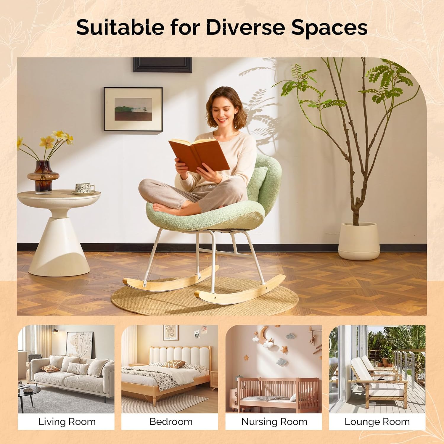 VINGLI 25.6" Extra Wide Criss Cross Nursery Rocking Chair,Cute Curved 115° Reclining Armless Glider,Teddy Small Rocker w/Pillow & Solid Wood for Indoor,Bedroom, Living Room,Teddy Fleece,Seafoam Green