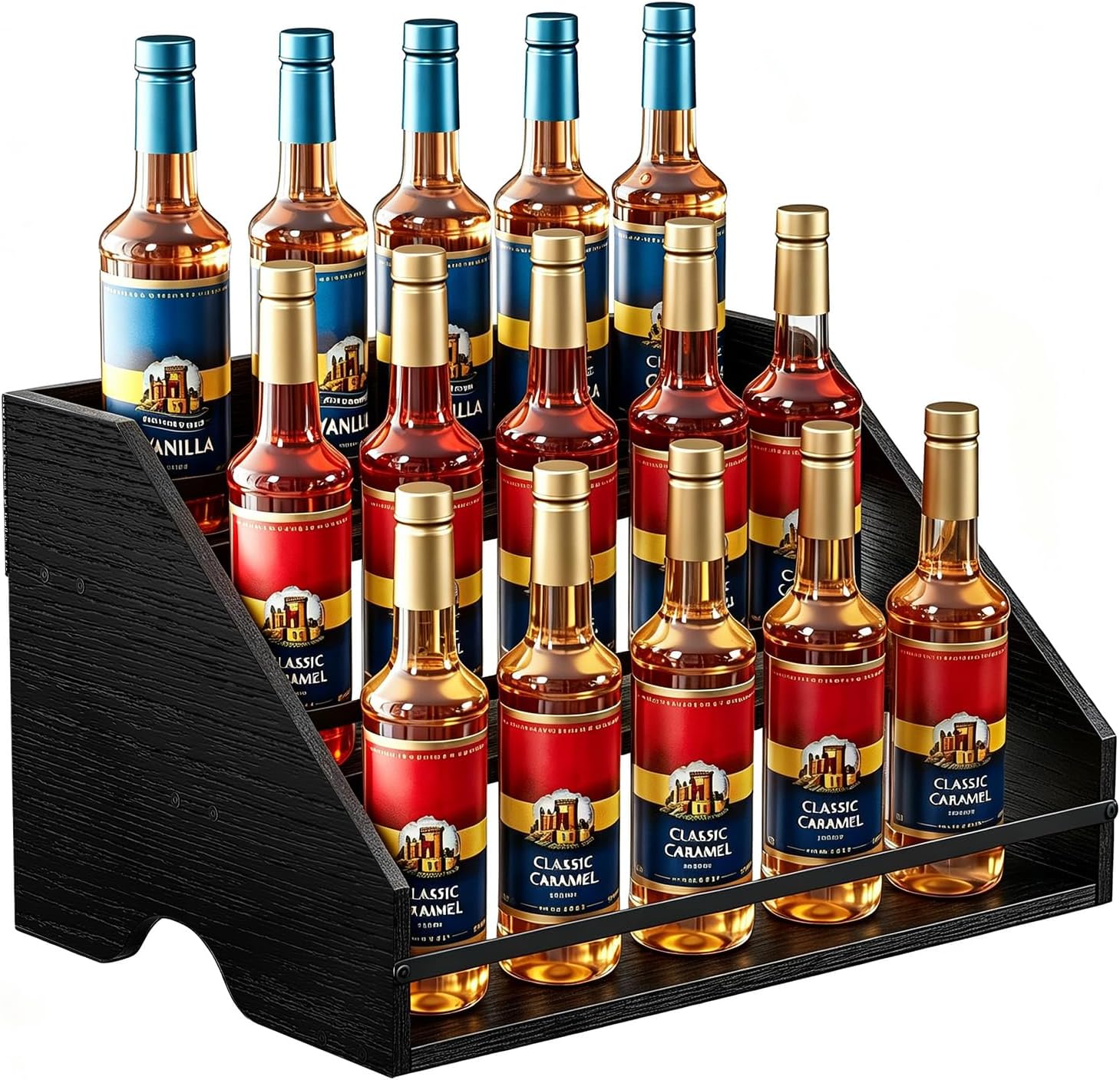 Nuovoware Coffee Syrup Rack, 3-Tier, Black | Hold 15 Bottles, Coffee Syrup Organizer with Side Handles, Countertop Storage with Iron Frame, Wooden Base