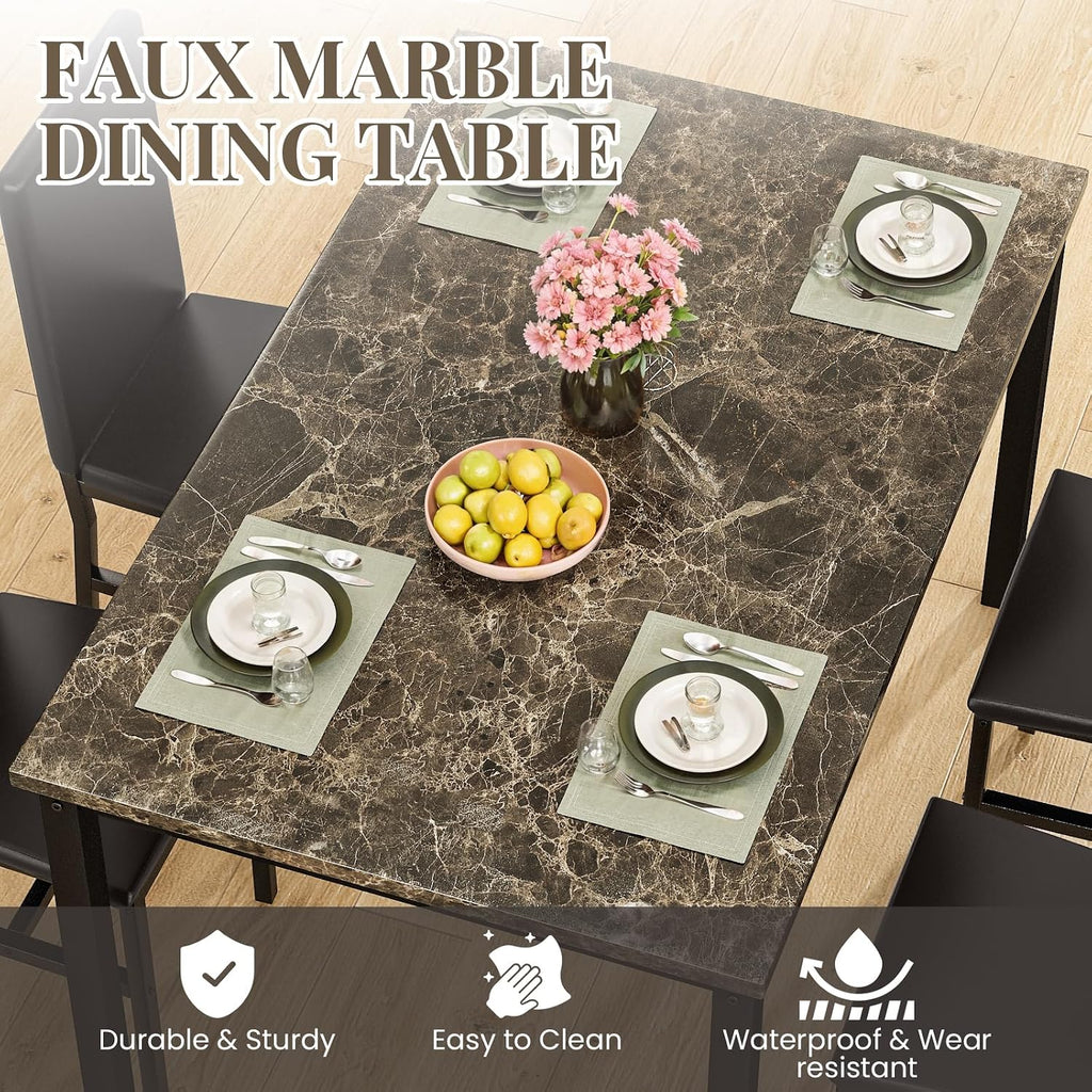 Lamerge Dining Table Set for 4, Faux Marble Table and 4 PU Leather Chairs, Kitchen Table and Chairs for 4, Modern Dining Room Table Sets for Small Spaces, Living Room, Breakfast Nook, (Coffee Color)