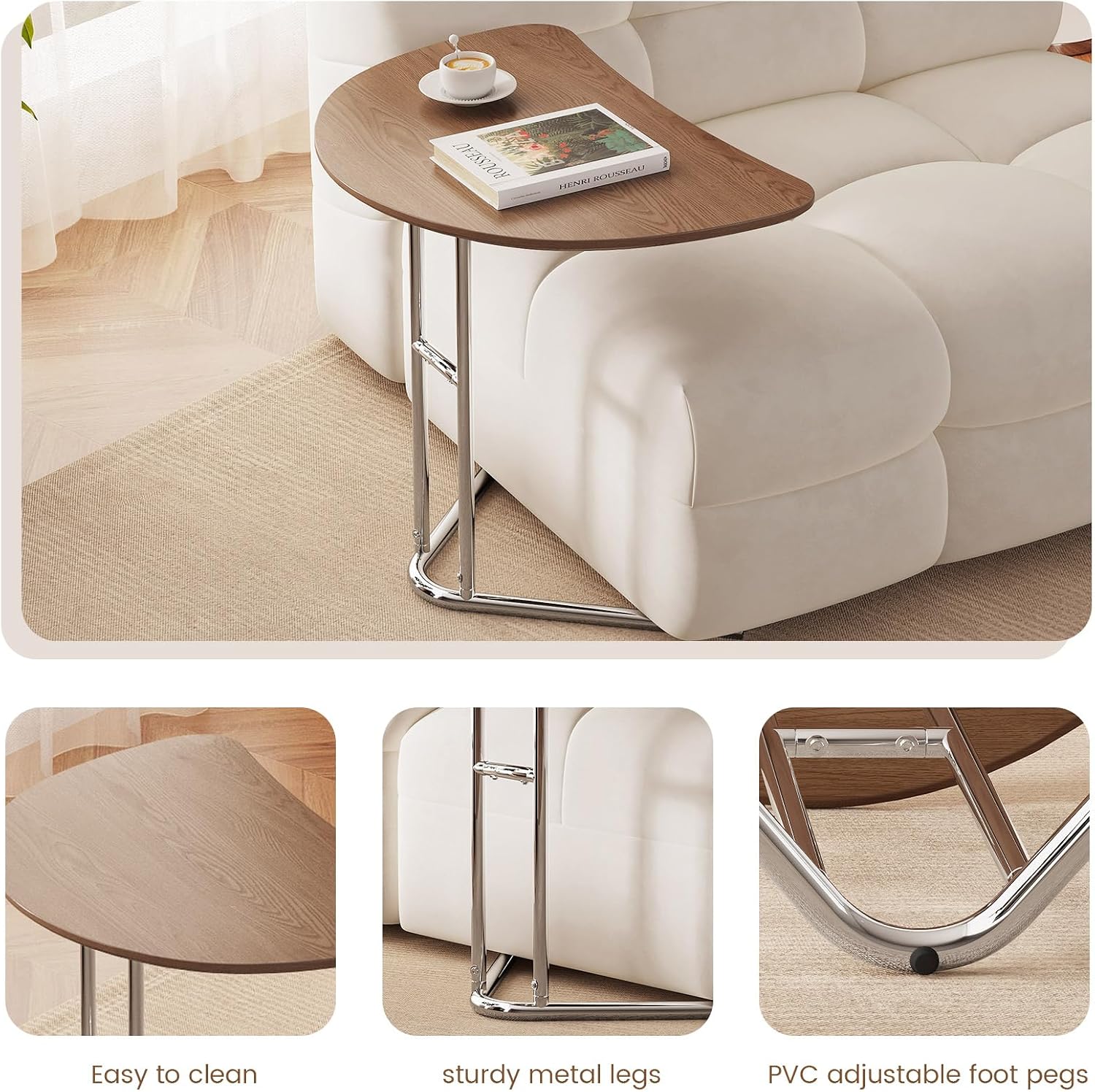 Half Round End Table, 24" Small Half-Moon Side Table for Small Spaces, Metal Frame Wood Accent C Table for Couch & Living Room, Easy Assembly, Walnut