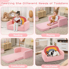 Foryoomi Extra Wide Kids Couch, 2-in-1 Soft Toddler Couch with Blanket, Comfy Toddler Chair, Convertible Sofa with Cute Colorful Rainbow Design, Pink