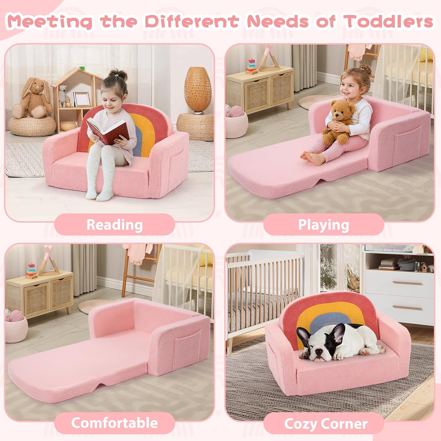 Foryoomi Extra Wide Kids Couch, 2-in-1 Soft Toddler Couch with Blanket, Comfy Toddler Chair, Convertible Sofa with Cute Colorful Rainbow Design, Pink