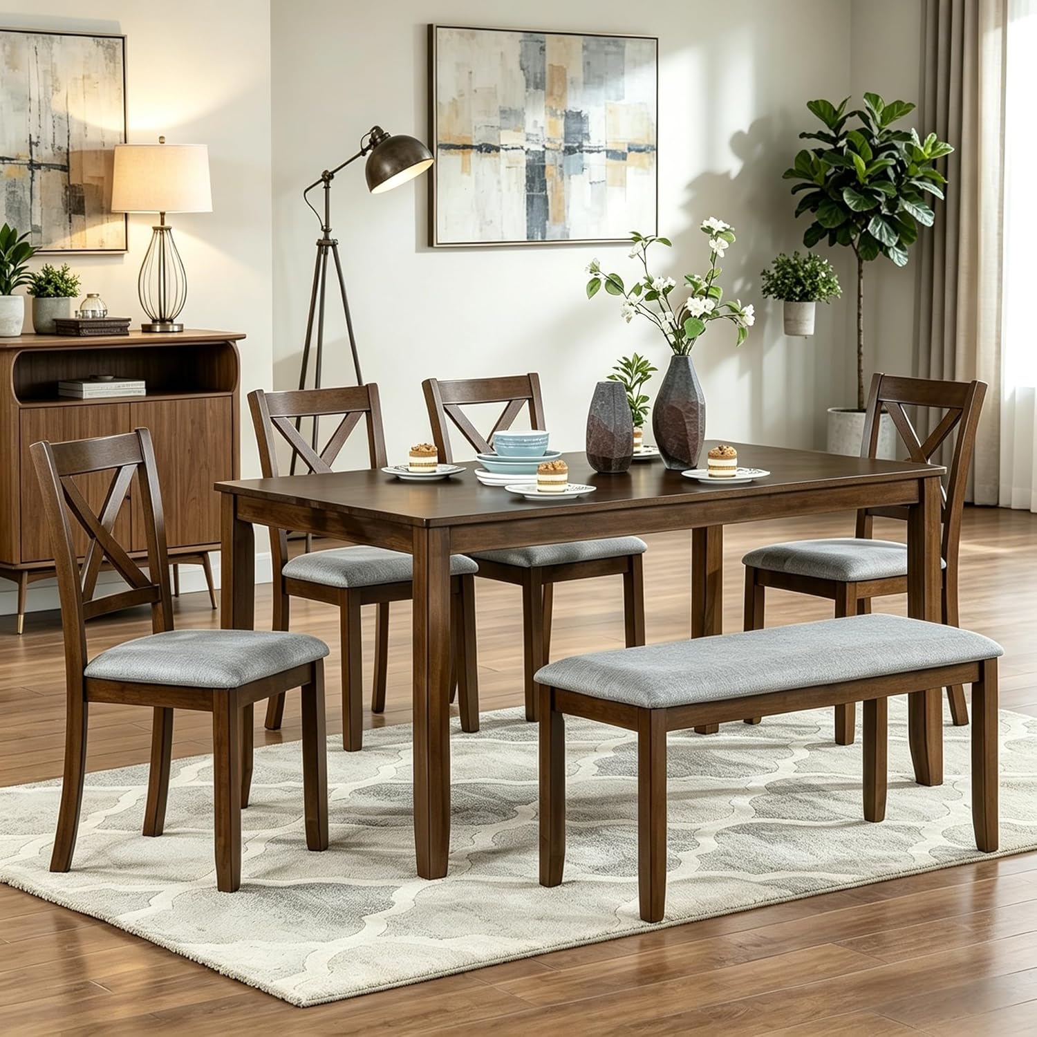LUMISOL 6-Piece Solid Wood Dining Table Set, Wood Kitchen Table with 4 Chairs and Bench, Farmhouse Dining Table with Bench and Chairs Set for Kitchen, Living Room, Walnut Grey