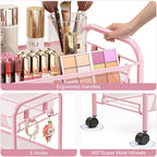 TOOLF 4 Tier Rolling Utility Cart - Durable Metal Design Pink Utility Cart, Storage Trolley on Wheels with 3 Hooks, Perfect for Kitchen, Bathroom & Laundry Room Organization