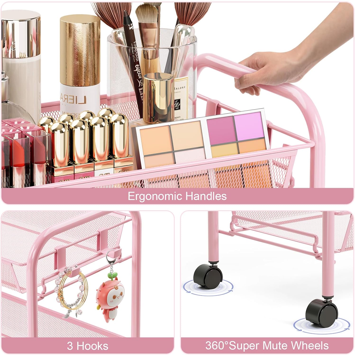 TOOLF 4 Tier Rolling Utility Cart - Durable Metal Design Pink Utility Cart, Storage Trolley on Wheels with 3 Hooks, Perfect for Kitchen, Bathroom & Laundry Room Organization