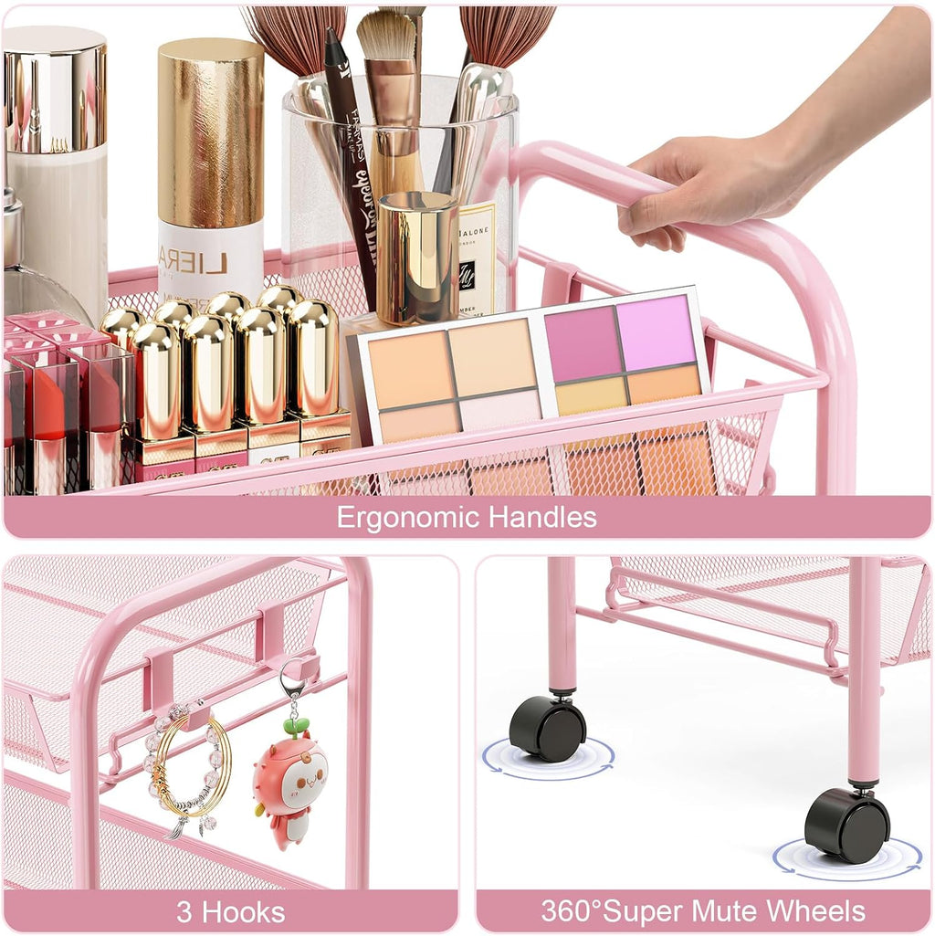 TOOLF 3 Tier Rolling Cart Pink - Metal Storage Organizer with Wheels, 33 lbs Shelf Capacity, Easy 5-Min Assembly, for Girls Room Bathroom Kitchen Office Nursery, Compact Design for Small Spaces, Pink