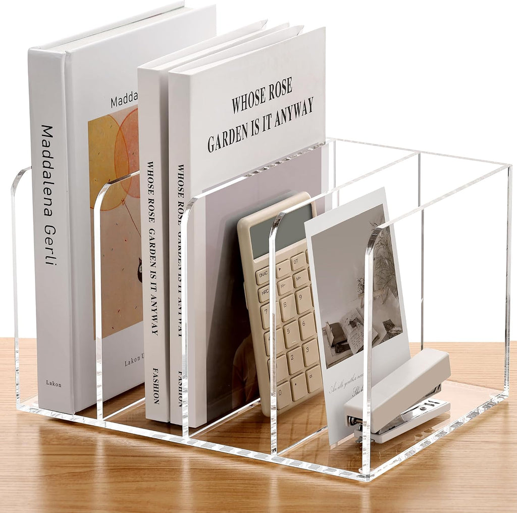 SANRUI Acrylic Magazine Holder Desk Organizer Workspace Sorters，Clear Bookend File Sorter Holder,Folder Rack, Office Accessories Organization Storage with 4 Vertical Compartments