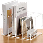 SANRUI Acrylic Magazine Holder Desk Organizer Workspace Sorters，Clear Bookend File Sorter Holder,Folder Rack, Office Accessories Organization Storage with 4 Vertical Compartments