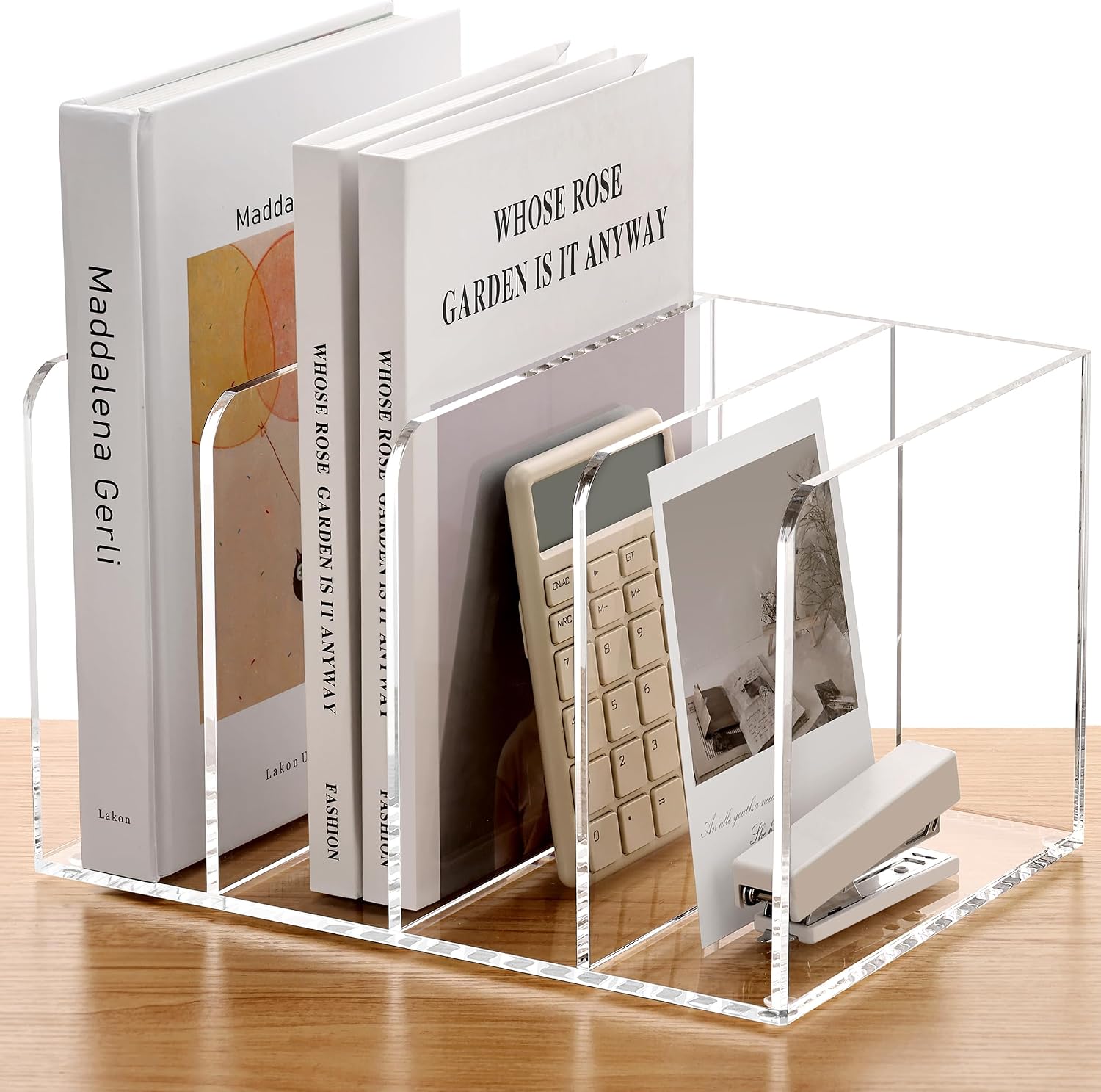 SANRUI Acrylic Magazine Holder Desk Organizer Workspace Sorters，Clear Bookend File Sorter Holder,Folder Rack, Office Accessories Organization Storage with 4 Vertical Compartments