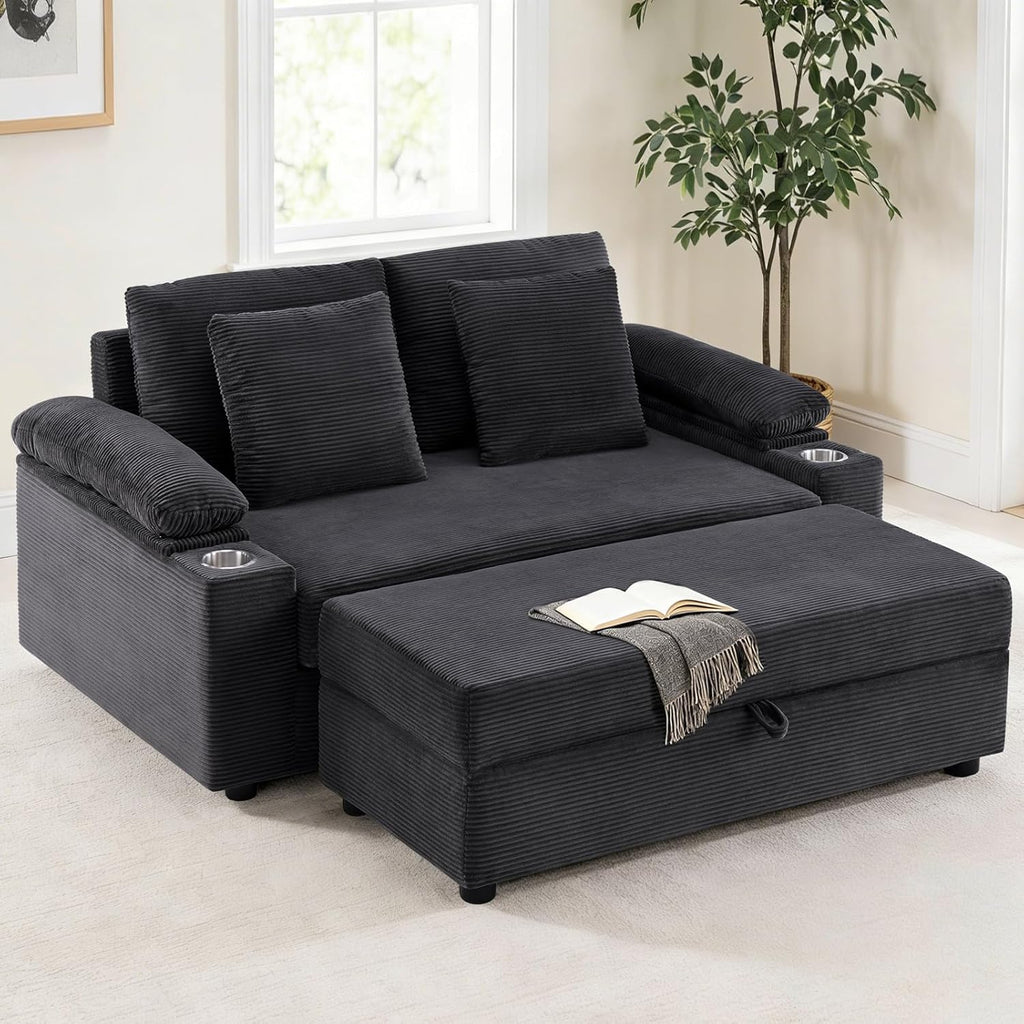 Furnimart Oversized Chaise Lounge Chair Indoor, Corduroy Upholstered Sleeper Sofa Bed with Solid Frame & Throw Pillows, Deep Seat Reading Chair for Living Room, Bedroom, Black
