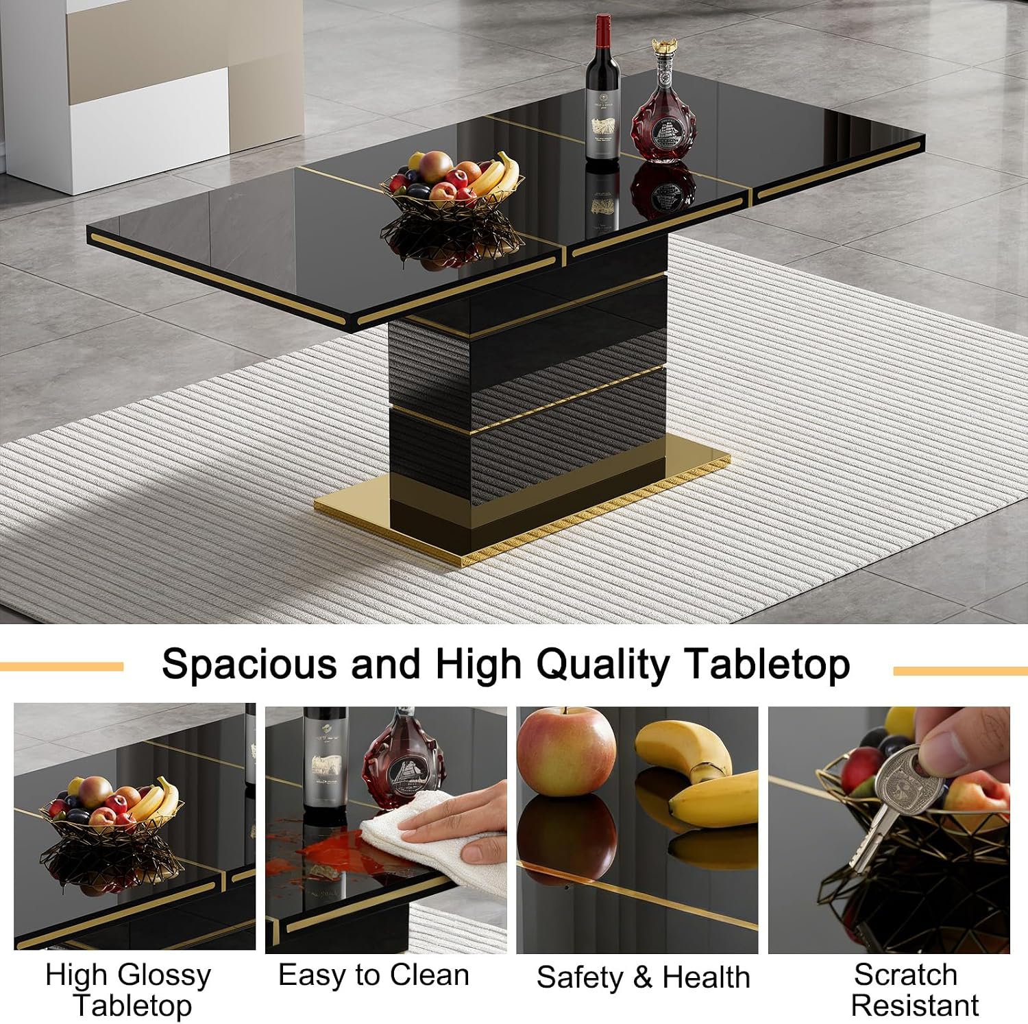 Henf 70" Black Dining Table for 4 6, Modern Glossy Kitchen Table with 1.5" Thick Lacquered Tabletop and Gold Stainless Steel Trim, Luxury Rectangular Dinner Tables for Dining Room