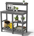 FOOWIN Potting Bench, HDPE Outdoor Potting Table with Sink, All-Weather Potting Benches for Outside, Gardening Table with Storage Shelf, Hook, for Garden, Patio, Lawns, Grey