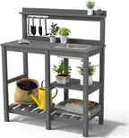 FOOWIN Potting Bench, HDPE Outdoor Potting Table with Sink, All-Weather Potting Benches for Outside, Gardening Table with Storage Shelf, Hook, for Garden, Patio, Lawns, Grey