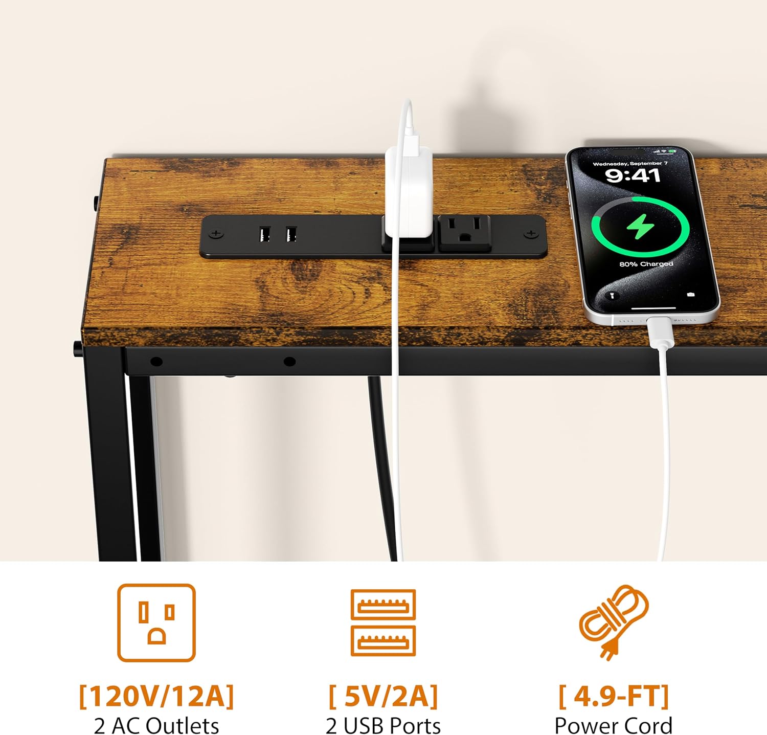Narrow Console Table with Outlet, 78" Sofa Table Narrow Long, L Shaped Behind Couch Table, Skinny Entryway Tables with Charging Station,3 Assembly Options for Living Room,Hallway (Rustic Brown,78IN)
