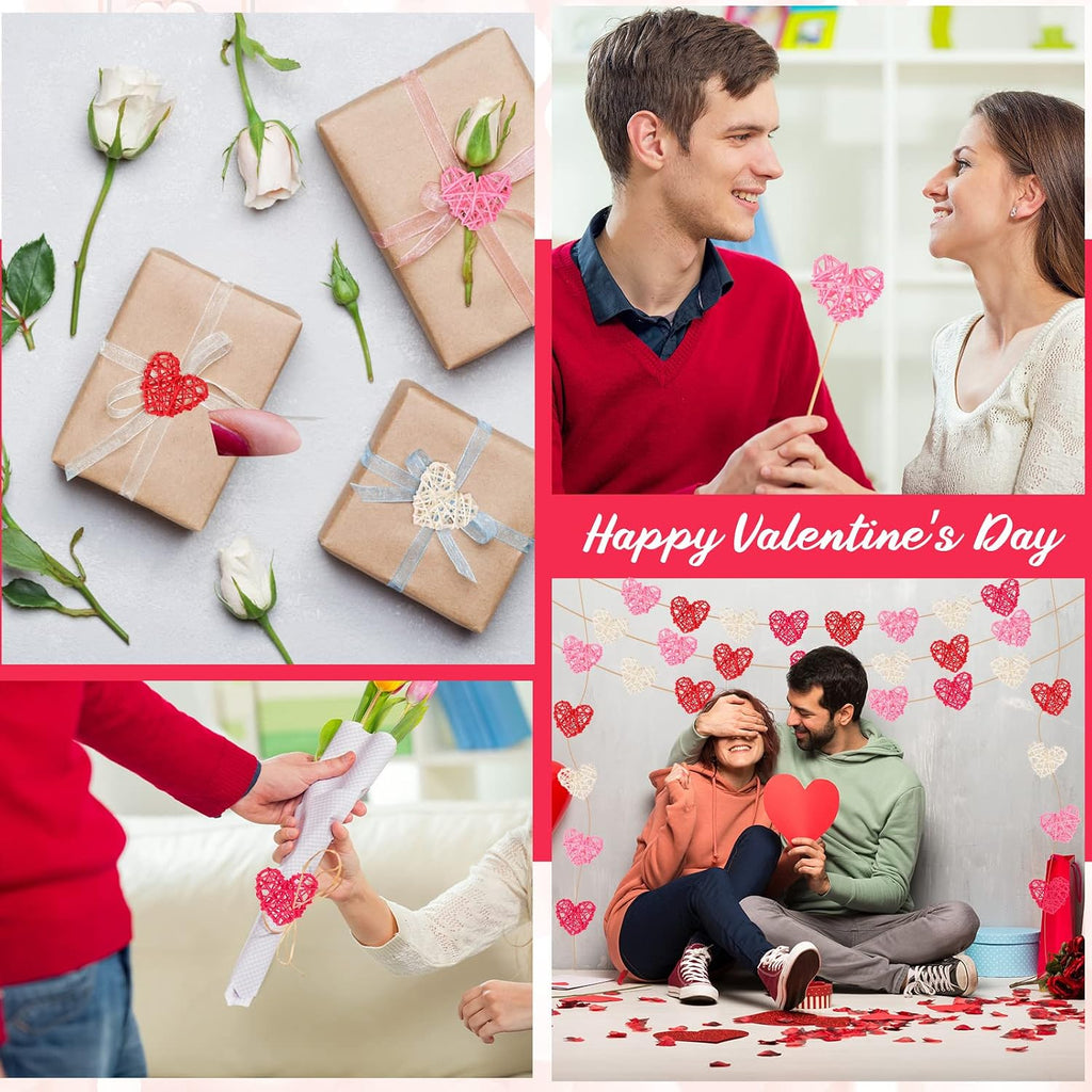 24 Pieces Valentine Heart Shaped Rattan Balls 2.36 Inch Heart Vase Bowl Fillers DIY Craft Wicker Rattan Decor for Valentine Wedding Party Decor (Pink,White,Red,Rose Red)
