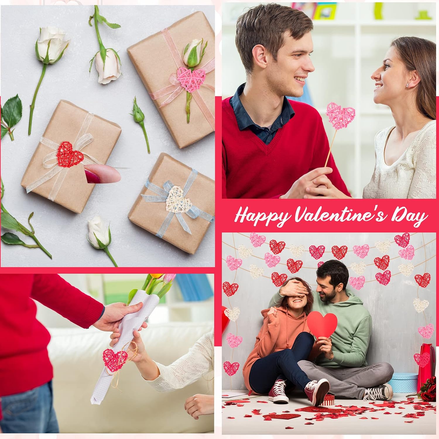 24 Pieces Valentine Heart Shaped Rattan Balls 2.36 Inch Heart Vase Bowl Fillers DIY Craft Wicker Rattan Decor for Valentine Wedding Party Decor (Pink,White,Red,Rose Red)