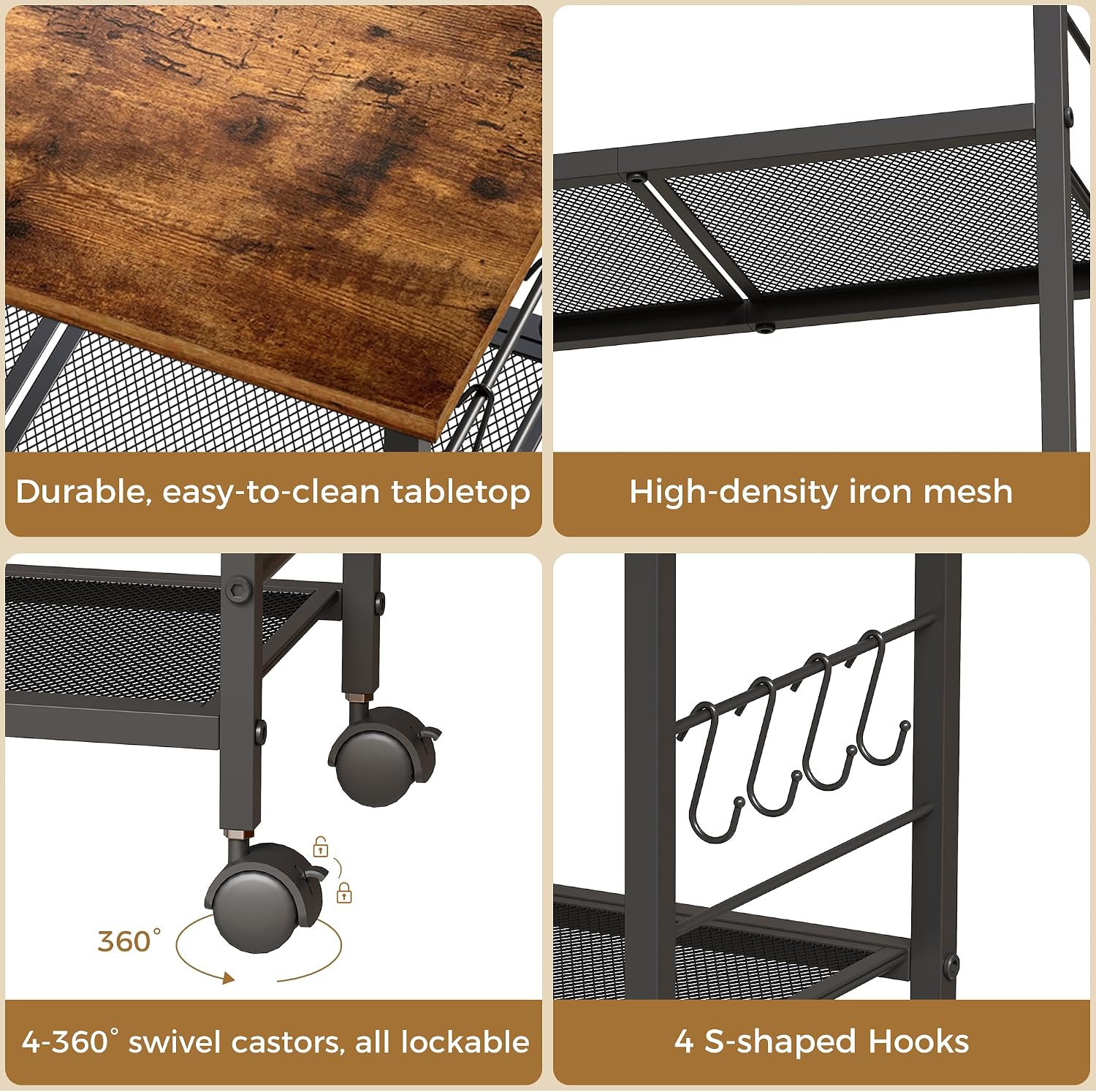 BEWISHOME 3-Tier Rolling Kitchen Microwave Cart, Small Microwave Stand | 4 Lockable Wheels, Hooks, Small Coffee Cart Shelf Rack Organizer for Kitchen, Living Room, Bathroom