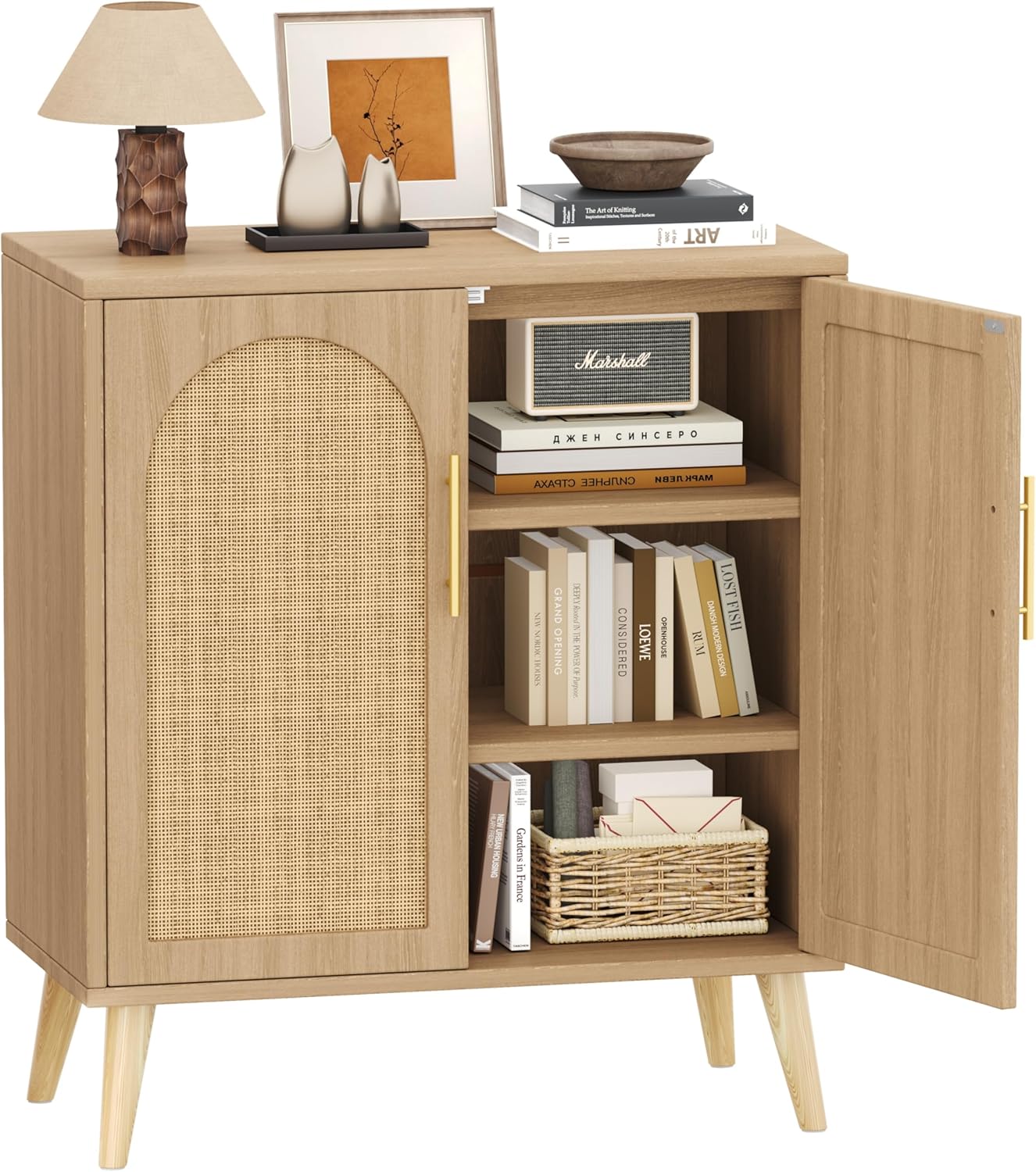 15.7"D Rattan Buffet Sideboard Cabinet with Storage, Modern Accent Cabinet with Adjustable Shelf & Solid Wood Legs, Coffee Bar Cabinet with Doors for Kitchen, Living Room, Entryway, Natural Oak