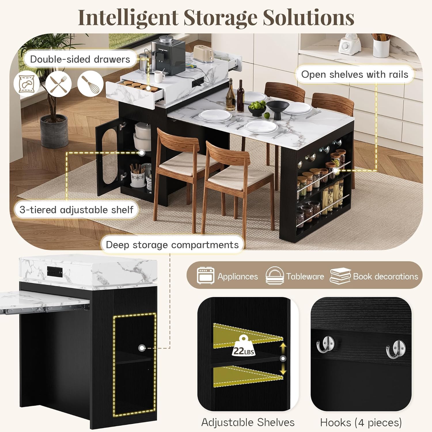 Extendable Dining Table with Storage, Transformer Console Table for 1-4 People, Mobile Rolling Island Table Space Saving Dining Room Table with Built-in Outlet for Homes, Apartments, Black Marble