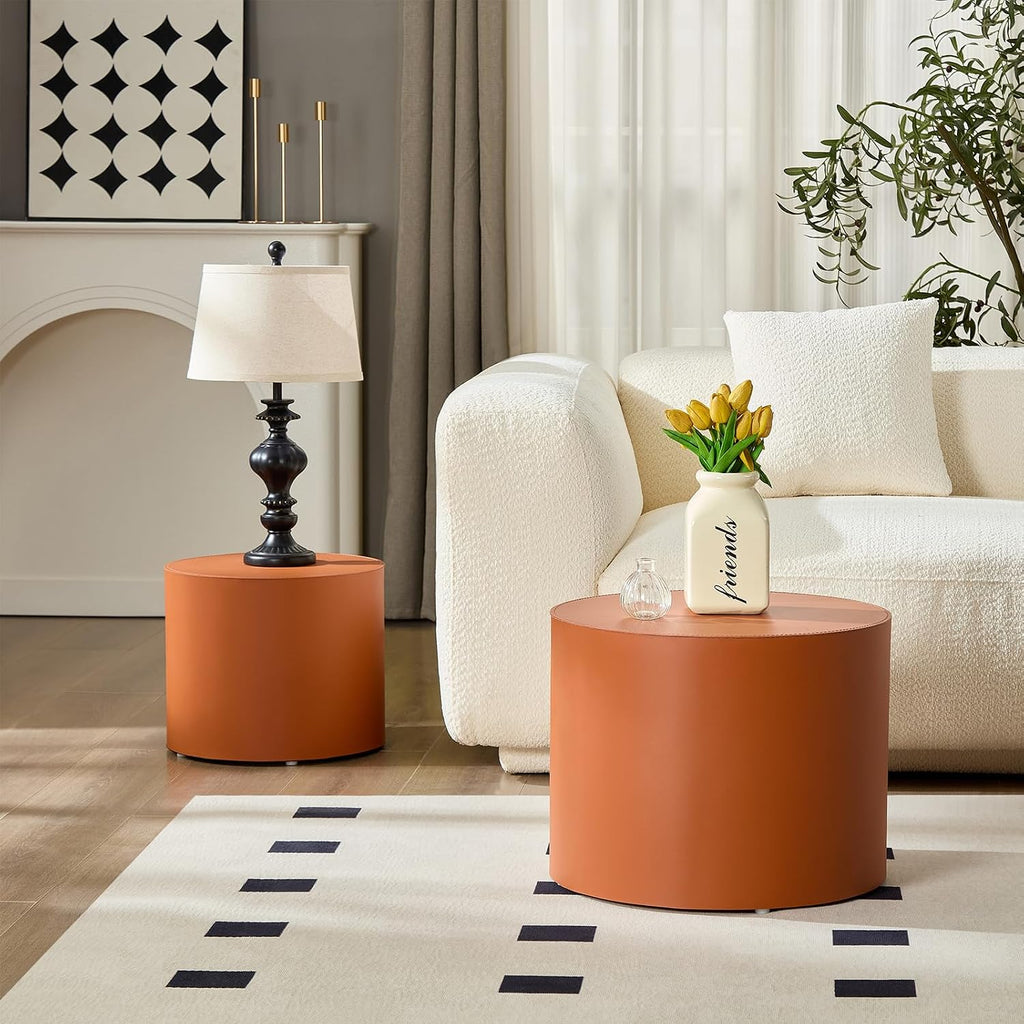 Modern Round Side Table Set of 2, MDF Core with Saddle Leather Upholstery, Cylinder Accent End Tables for Bedroom, Living Room, Apartment, Lounge, Bedside Decor, Coffee Table Use (Orange)