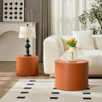 Modern Round Side Table Set of 2, MDF Core with Saddle Leather Upholstery, Cylinder Accent End Tables for Bedroom, Living Room, Apartment, Lounge, Bedside Decor, Coffee Table Use (Orange)