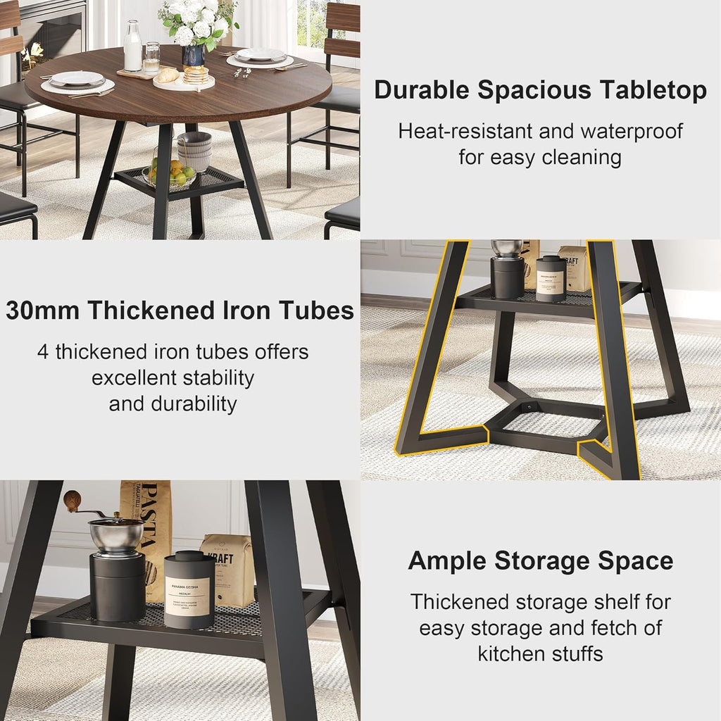knoworld 43" Round Dining Table for 4, Kitchen Tables Dining Room Circle Dinner Table with Pedestal Metal Frame, Space Saving Wood Industrial Kitchen & Dining Room Tables, Walnut 43In