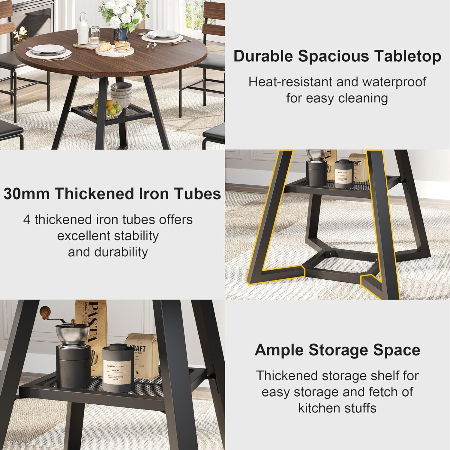knoworld 43" Round Dining Table for 4, Kitchen Tables Dining Room Circle Dinner Table with Pedestal Metal Frame, Space Saving Wood Industrial Kitchen & Dining Room Tables, Walnut 43In