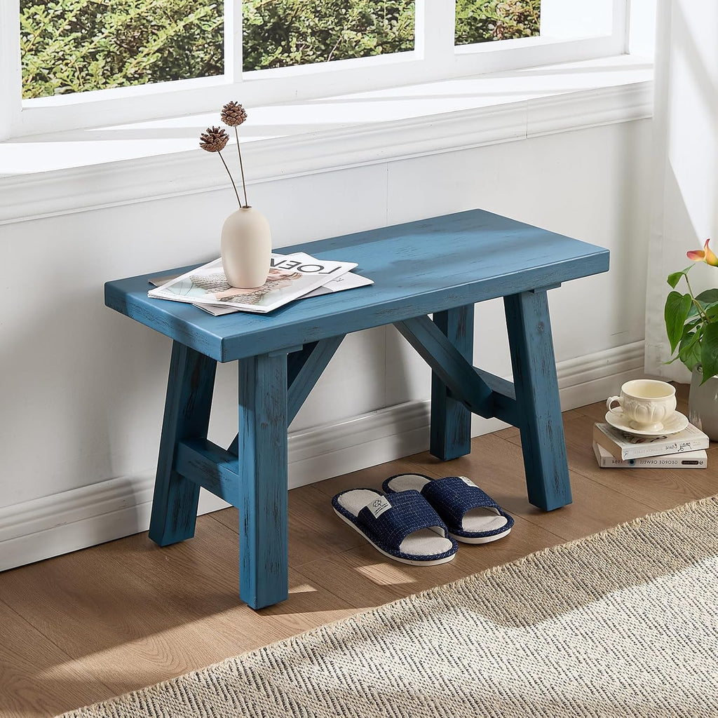 30" Farmhouse Entryway Bench, Rustic Solid Wood Dining Room Bench Small Entryway/Hallway Bench for Indoors Entry Way Seating for Living Room, Hallway, Porch, Easy Assembly, Blue