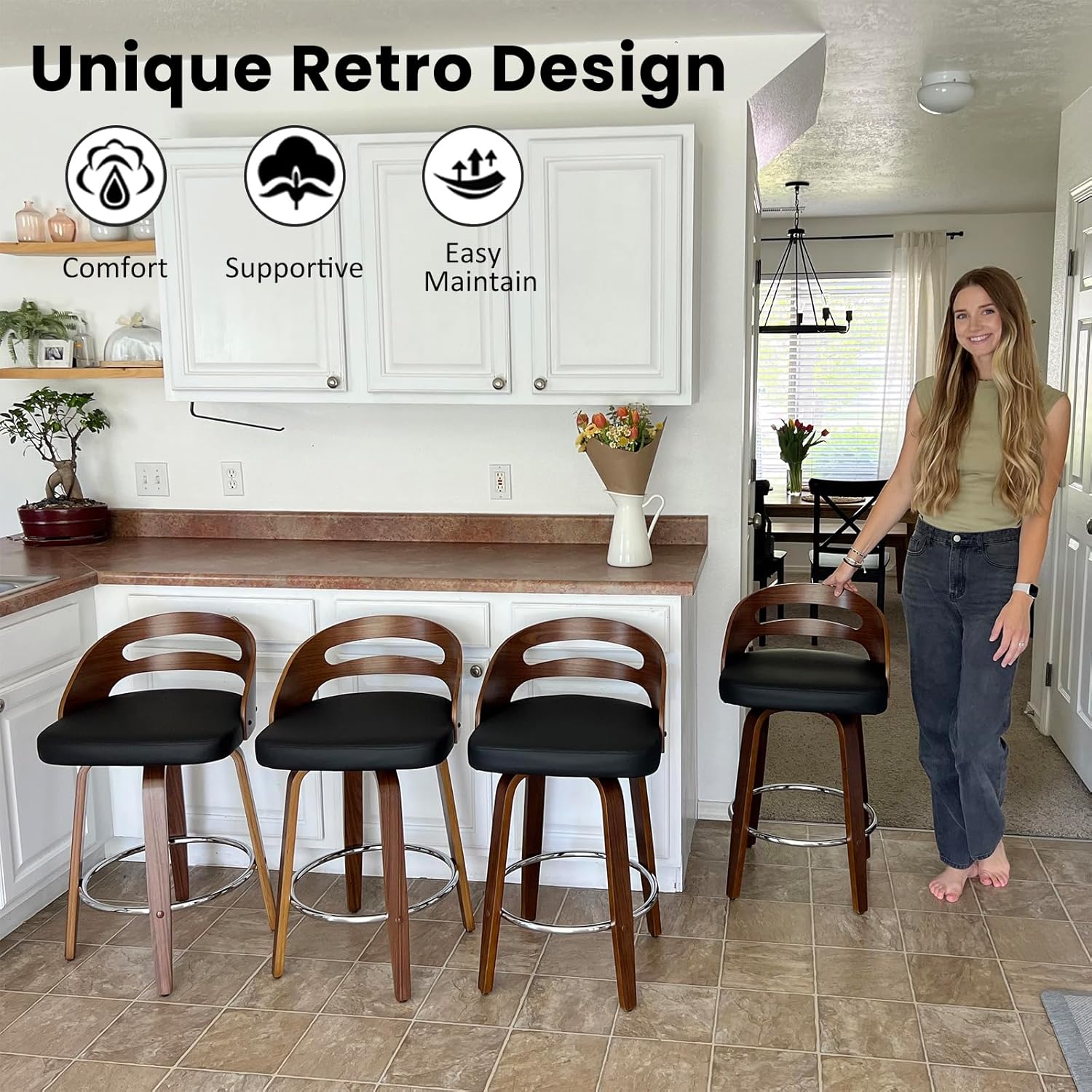 Bar Stools Set of 2, Swivel Bar Stools with Walnut Craftsmanship, Bentwood Curved Back, Upholstered Faux Leather, Soft Cushion Seat, Mid Century BarStools for Bar/Pub/Cafe (Beige, 30" Seat Height)