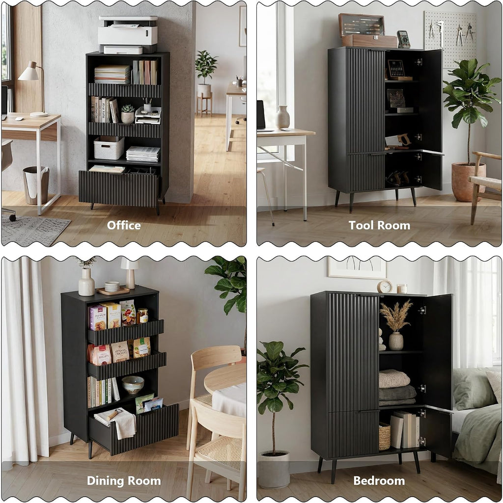 Pantry Cabinet with 4 Doors, 51.2" H Freestanding Bathroom Storage Cabinet, Adjustable Shelf & Raised Legs for Bathroom, Kitchen, Living Room, Black