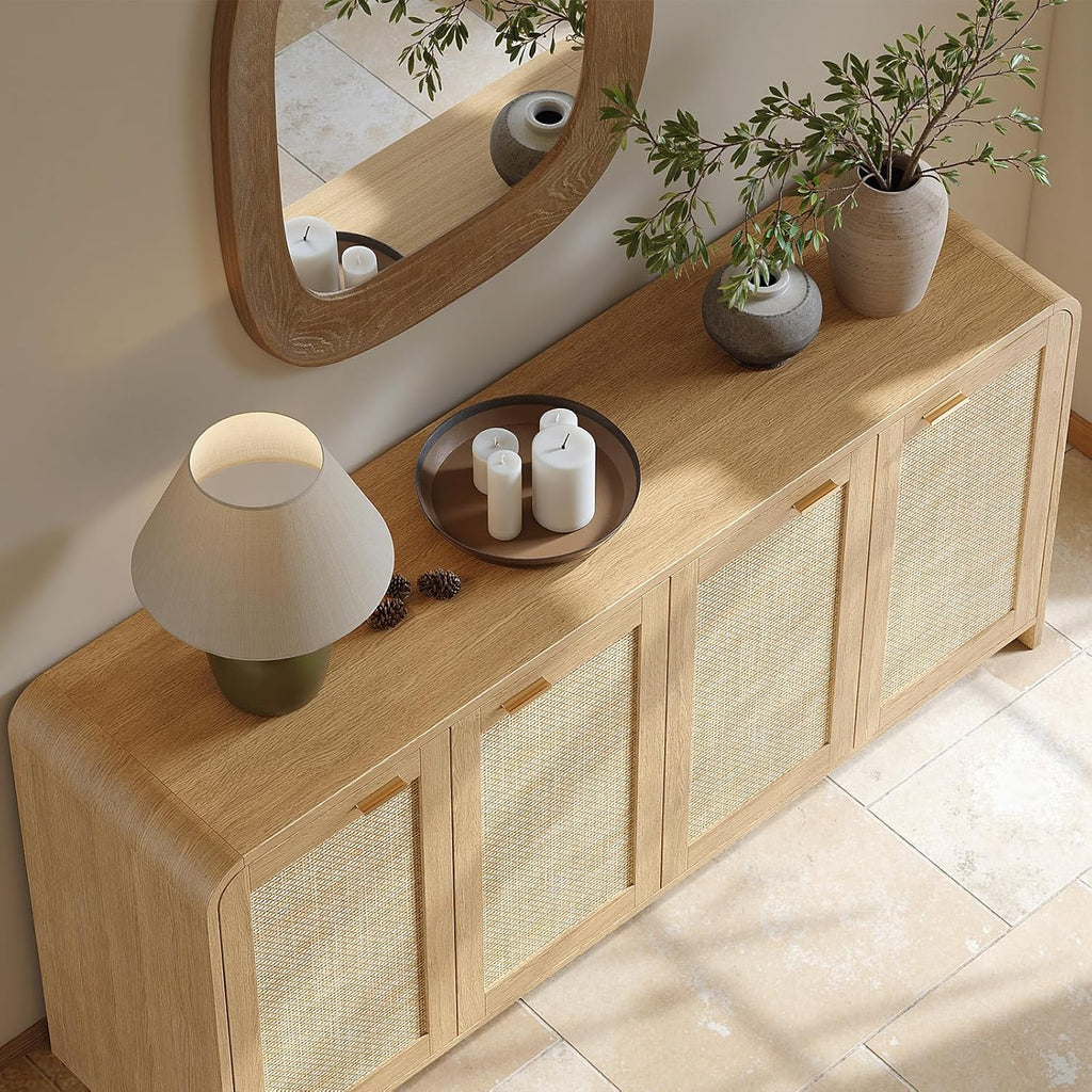 Evermagin 67" Rattan Buffet Cabinet with Storage, Boho Sideboard Cabinet with 4 Doors, Large Credenza Sideboard Buffet for Living Room, Kitchen and Hallway, Natural Oak