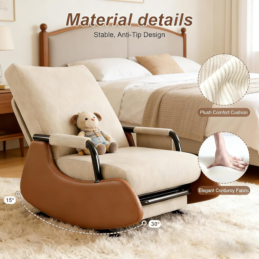 JPBSTO Rocking Chair Nursery, Upholstered Glider Rocking Chair with Footrest, Side Pocket and Adjustable High Backrest, Foldable Rocker Recliner Perfect for Living Room Bedroom, Beige