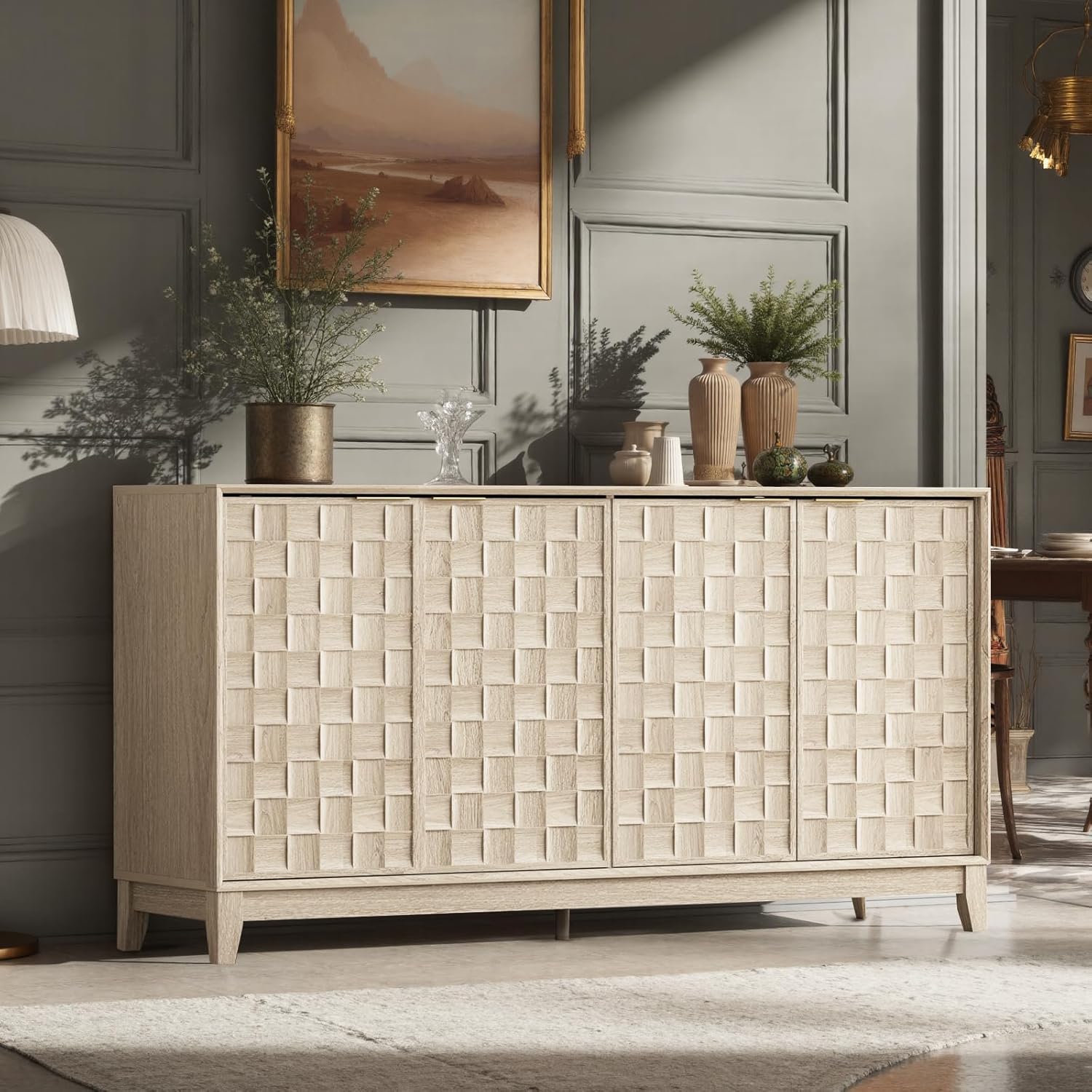 COLAMY Fluted Sideboard Cabinet with Storage – Solid Wood Buffet for Dining Room, Credenza Console with Adjustable Shelves, Walnut Finish, Mid Century Modern Style,Oak White