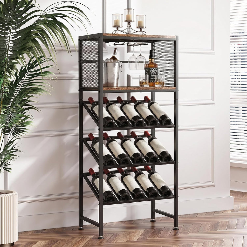3-Tier Wine Rack Freestanding Floor with Glass & Storage Racks | Space-saving corner wine bar cabinet, sturdy build for kitchen, living room & home bar, stores wine bottles & bar accessories