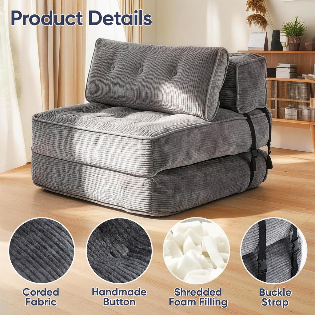 Folding Sofa Bed, Convertible Single Sleeper Chair with Back Support & Pillow, Multifunctional Fold Out Chair Bed for Small Space Living Room Bedroom Guest Office (Grey)