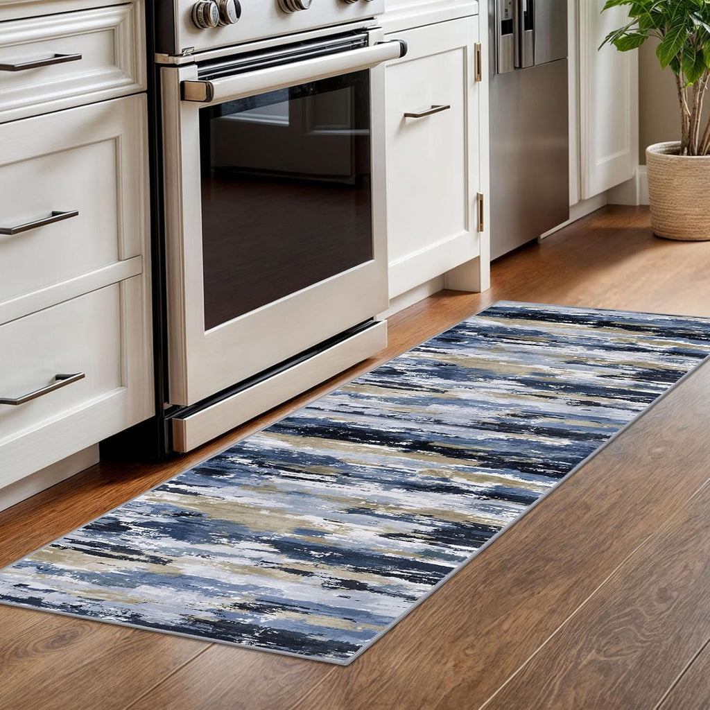 Abstract Washable Runner Rug 2x6 Runners for Hallways, Non-Slip Kitchen Runner Printed Faux Wool Entryway Runners Indoor, Soft Thin Floor Carpet for Entry Bedroom, Navy Blue Multi