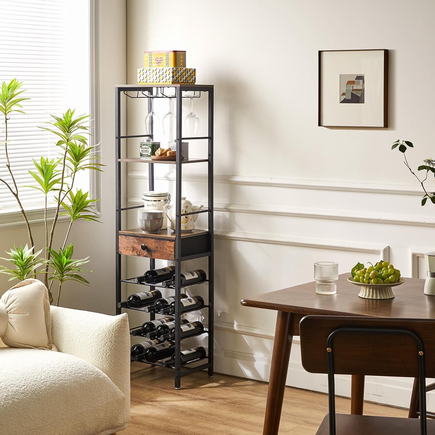 IBUYKE Wine Rack Freestanding Floor with Glass Holder,Brown TMJ905H | Bar Cabinet for Liquor and Glasses 4-Tier Coffee Bar Cabinet Glass Holder and Storage Drawer for Home Kitchen Living Room