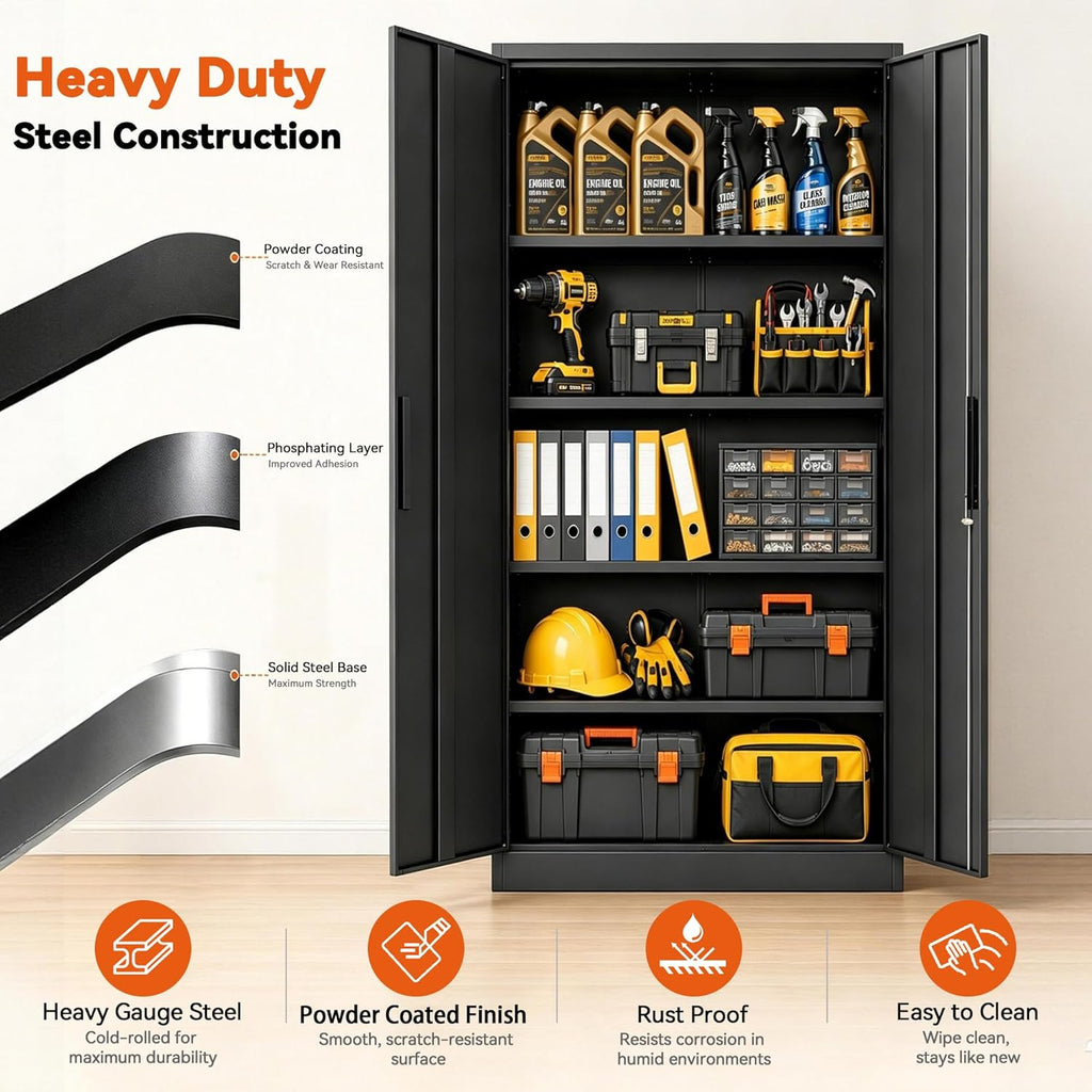 SAWJEC Metal Storage Cabinet with Lock, 72"H Tall Garage Storage Cabinet, Heavy Duty Steel Locking Cabinet with 4 Adjustable Shelves, Black File Cabinet for Home Office Workshop, 18"D x 35"W x 72"H
