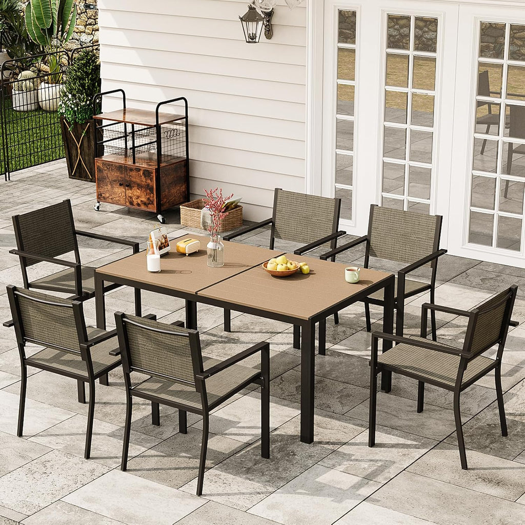 Aoxun 7-Piece Patio Table and Chairs Set for 6, All Weather Outdoor Dining Set with 6 Textilene Chairs and 1 Rectangular Metal Table, Patio Dining Sets for Backyard, Brown