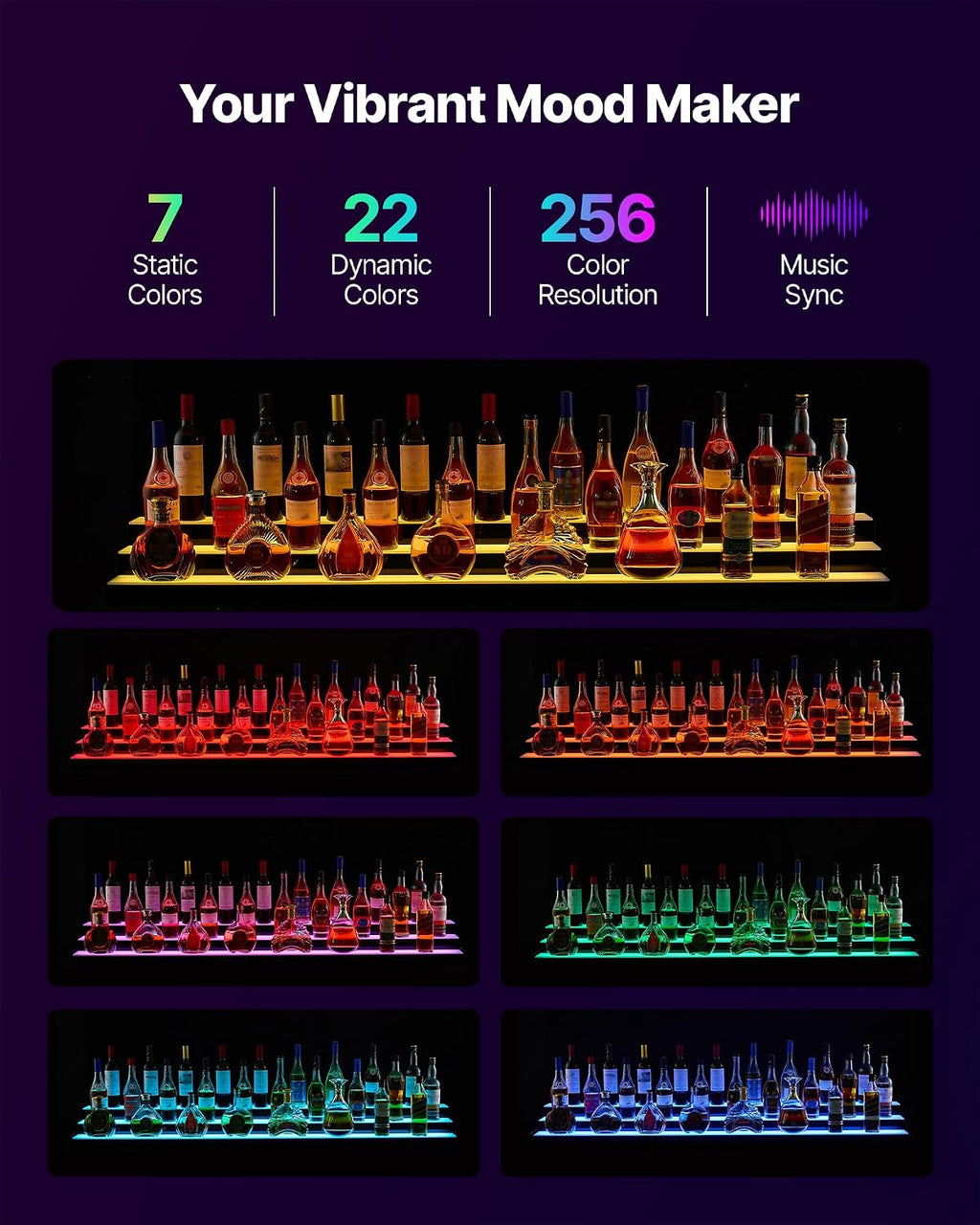 VEVOR LED Lighted Liquor Bottle Display, 3 Tier 70 Inch, Illuminated Home Bar Shelf with RF Remote & App Control, 7 Static Colors, Acrylic Lighted Whiskey Shelf for 52 Bottles, Powered by Adapter Only
