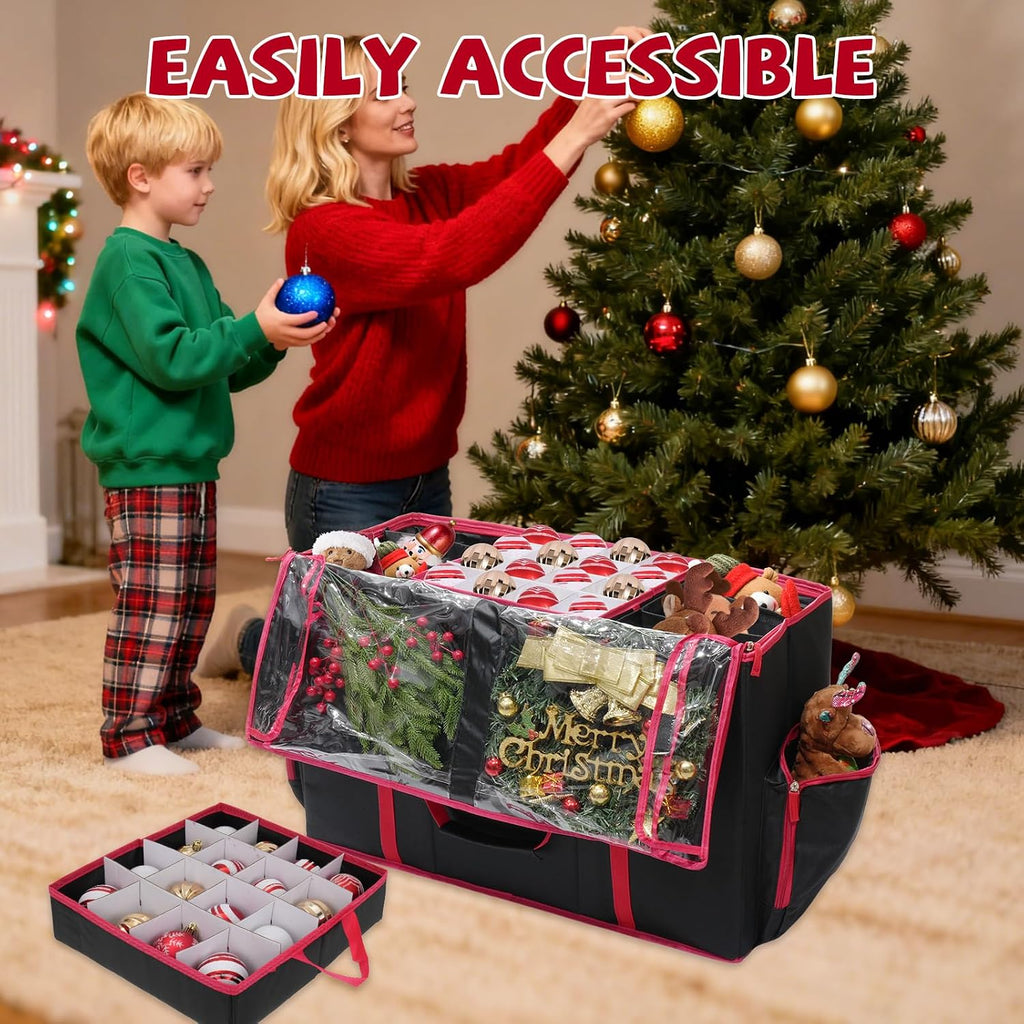 2-in-1 Christmas Ornament Storage Box & Xmas Figurine Container with Dual Zipper Closure Adjustable Dividers and Removable Trays Premium Christmas Ornament Storage Containerd(Black)