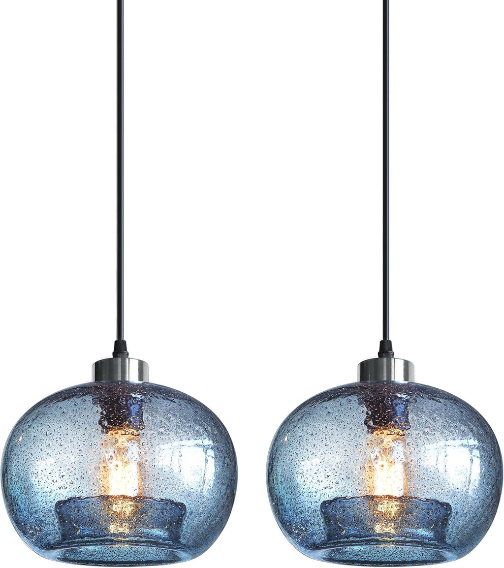 CASAMOTION Hand Blown Glass Pendant Lights Kitchen Island Marble Blue Color Modern Rustic Style Ceiling Hanging Light Fixtures Dining Room Brushed Nickel 8.7 Inch Diameter 2 Pack