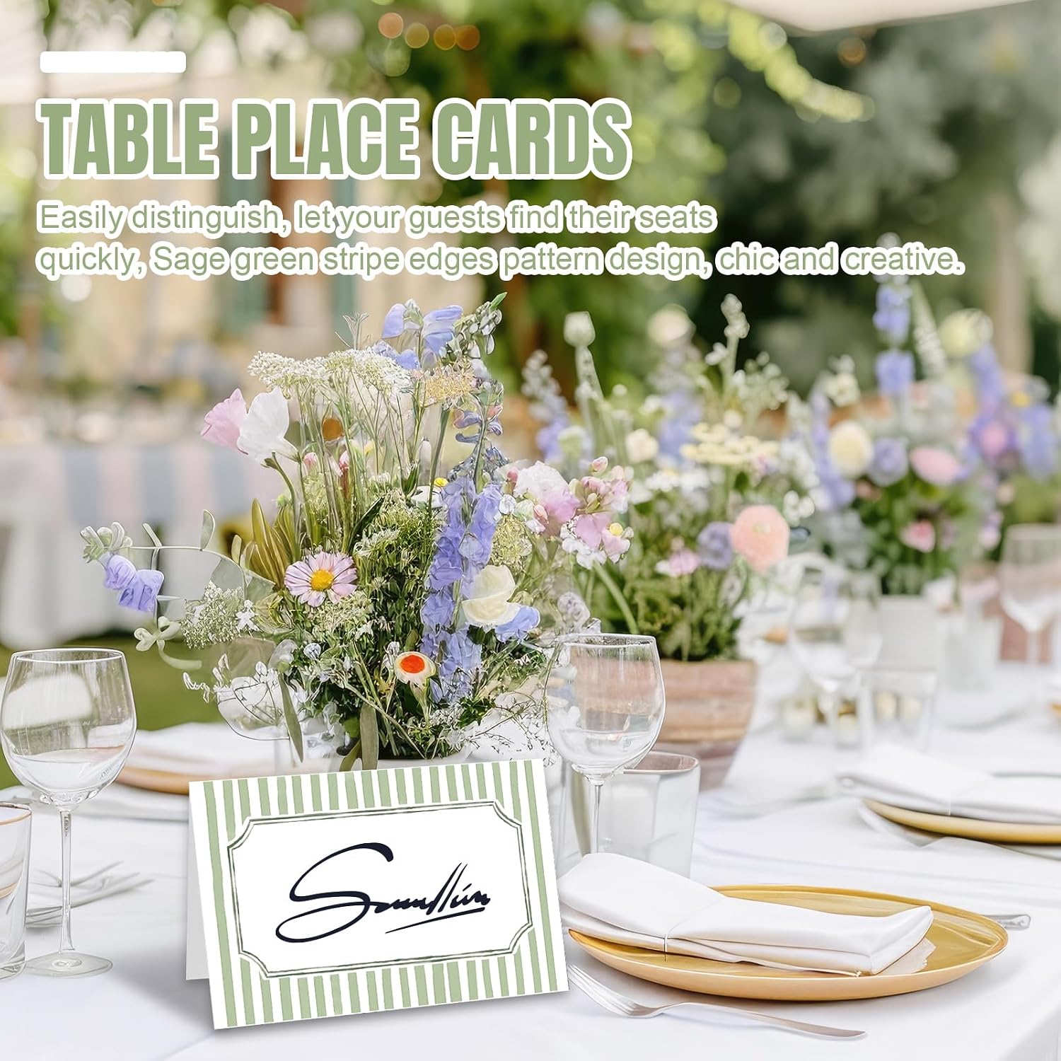 Whaline 100 Pcs Sage Green Place Cards Stripes Tented Card Seating Cards for Spring Wedding Birthday Bridal Shower Party Table Setting
