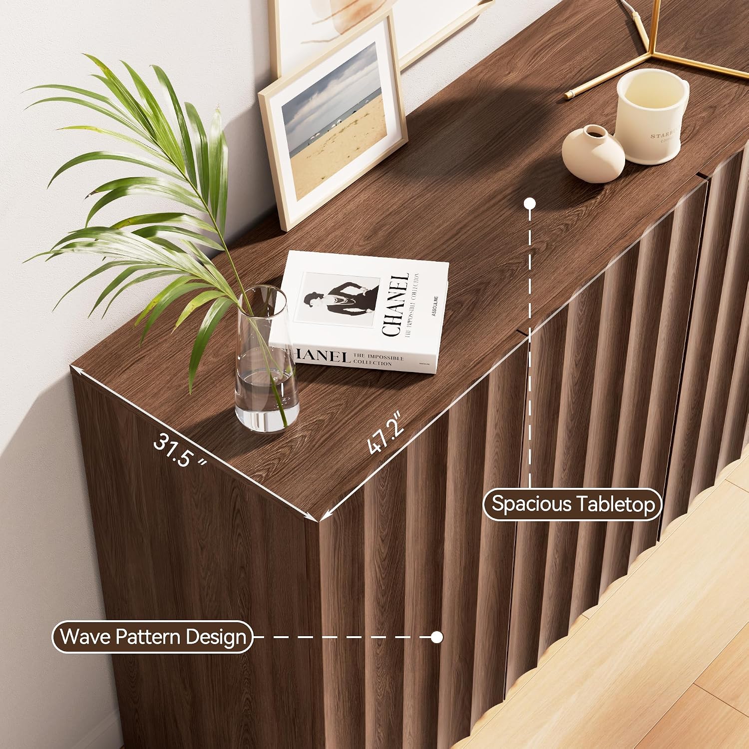 Fluted Sideboard Buffet Cabinet with Storage, 78.7" Wide Mid Century Modern Accent Cabinet with Adjustable Shelves, Wood Modular Credenza Storage Cabinet for Living Room, Entryway