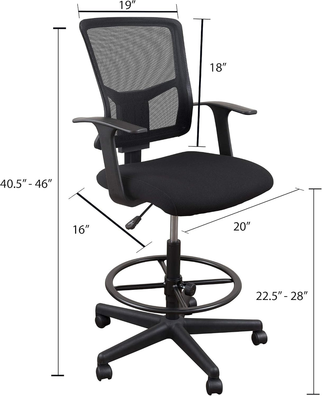 Stand Up Desk Store Sit to Stand Drafting Task Stool Chair for Standing Desks with Adjustable Footrest and Armrests (Black)
